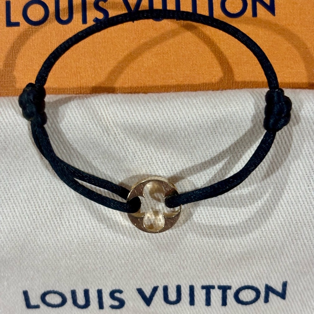 Louis Vuitton Black Cord Bracelet 18k with Yellow Gold Monogram Flower charm - Picture 2 of 5